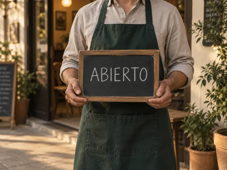 Una persona con delantal sostiene un letrero de Abierto en su cafetería