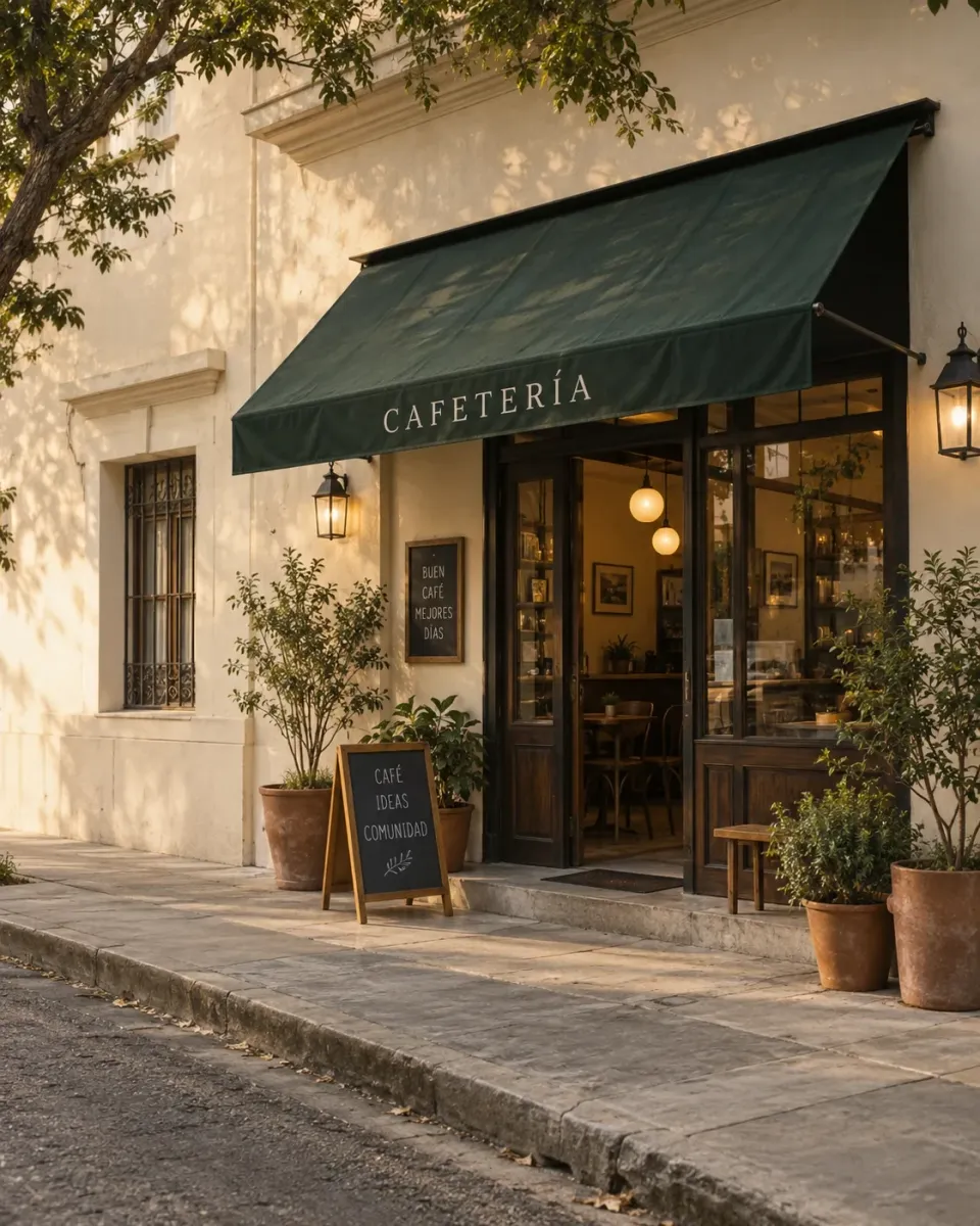 Fachada de una cafetería de barrio