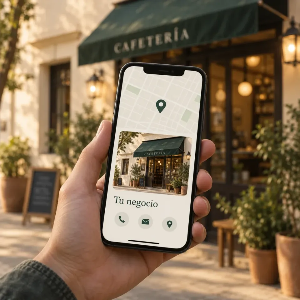Una mano sostiene un celular con un mapa y una ficha de negocio ilustrativa